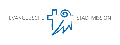 Schrift Evangelische Stadtmission mit Logo-Icon Kreuz verbunden mit Basler Stab